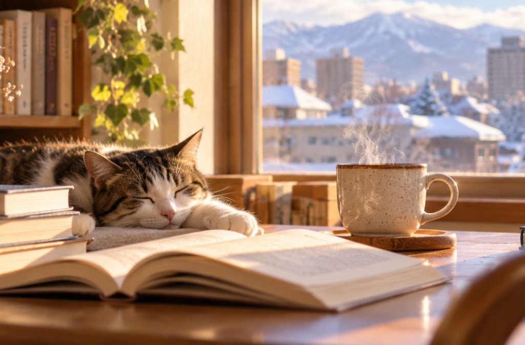 窓辺の本棚と開いた本、眠る猫、温かい飲み物
