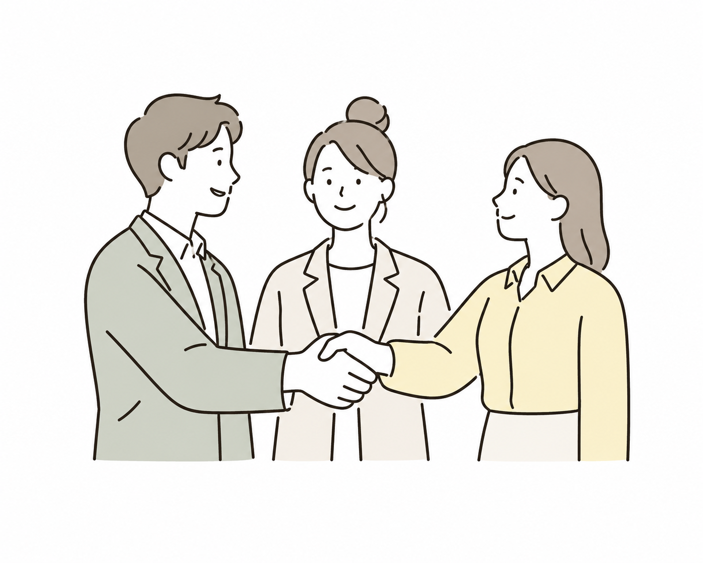 職場でつながる3人の会社員のイラスト