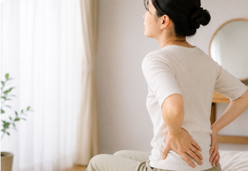 腰に手を当てて痛みを感じている女性