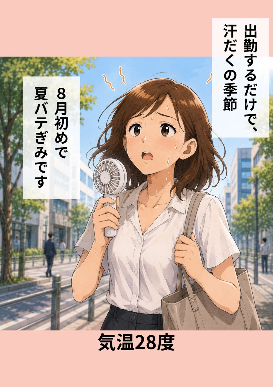 7月初め、気温28度の暑いなか出勤する女性