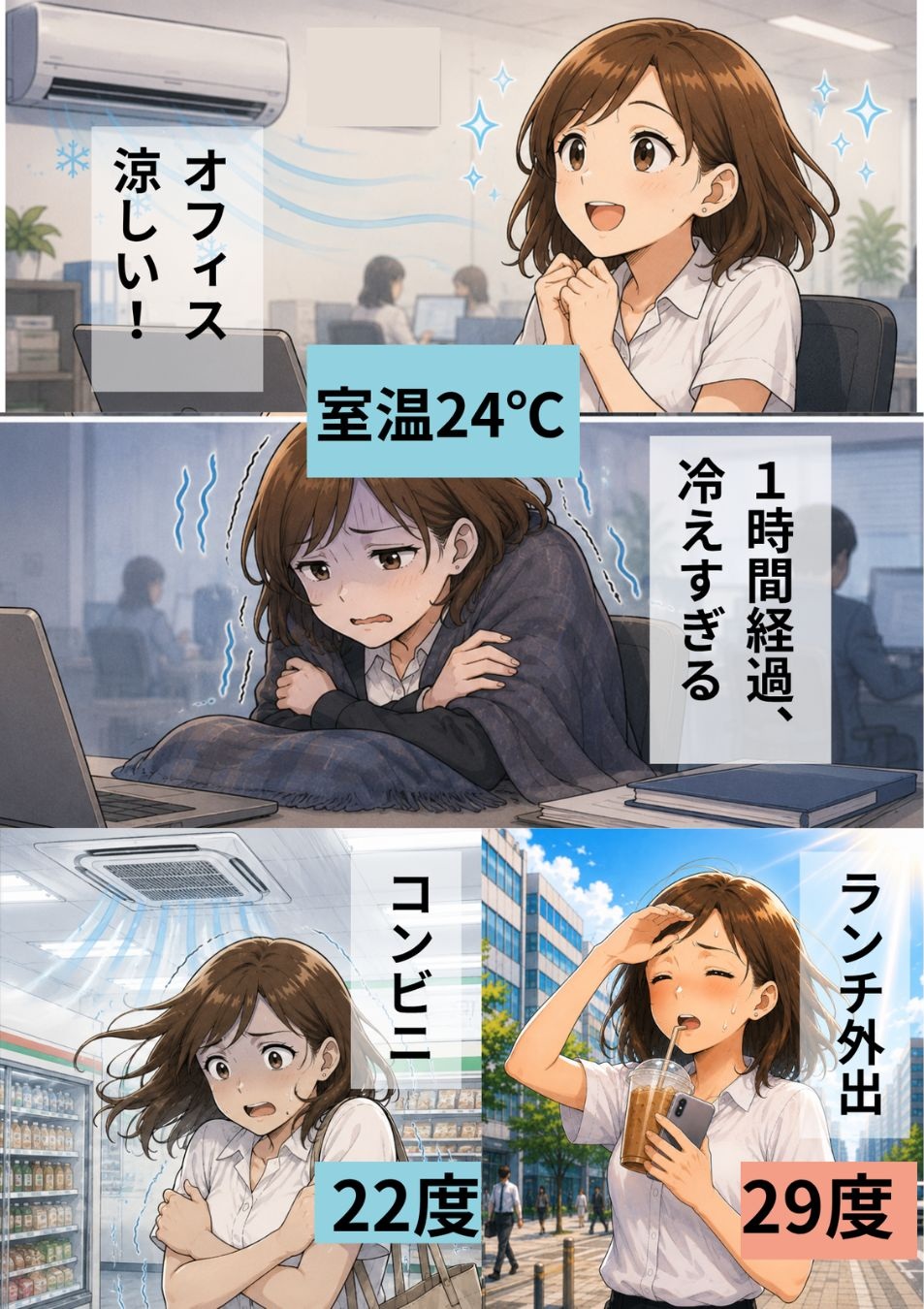 冷房の効いたオフィスやコンビニと暑い屋外を行き来する女性