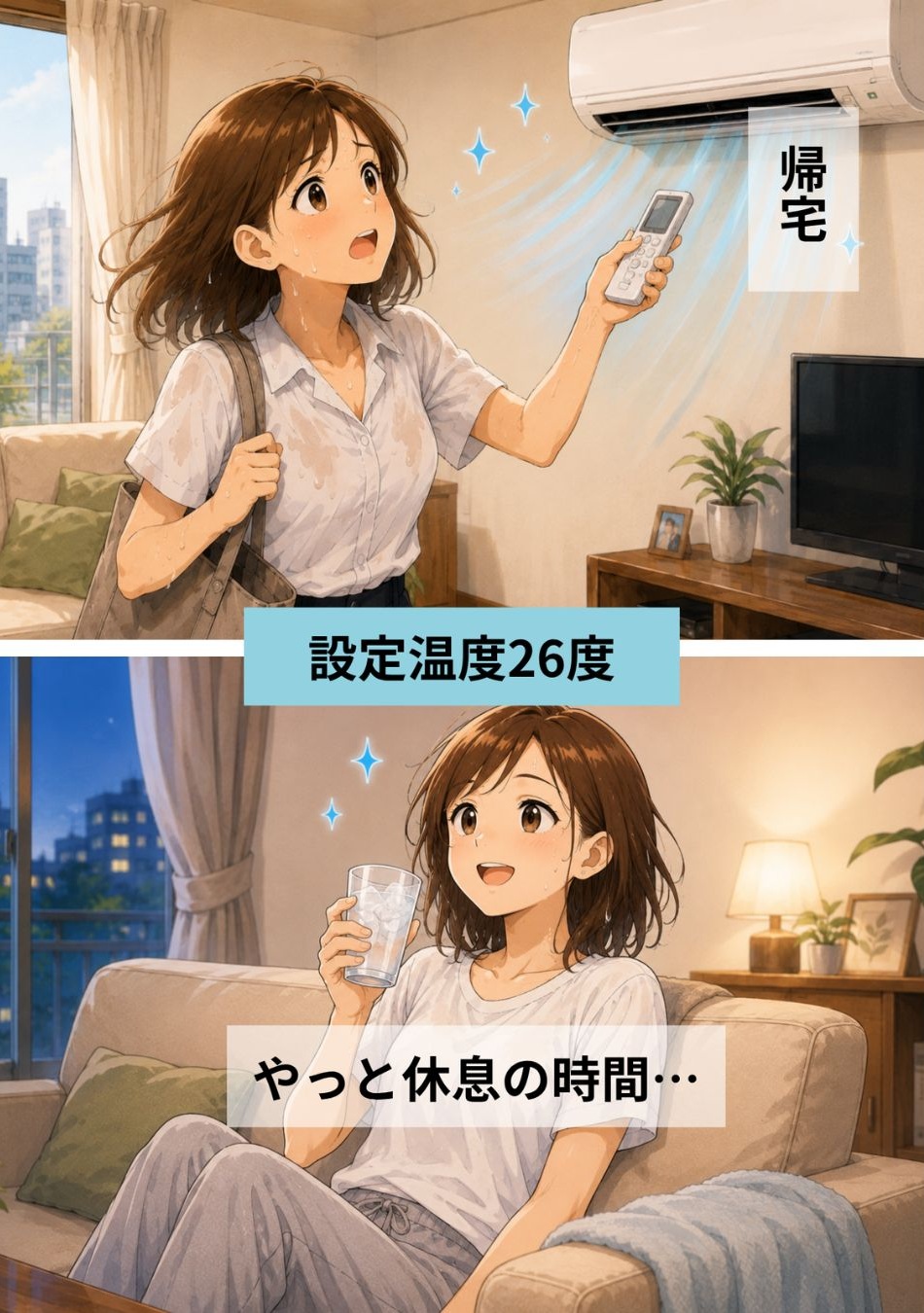 帰宅後にエアコンをつけ、冷たい飲み物で休憩する女性