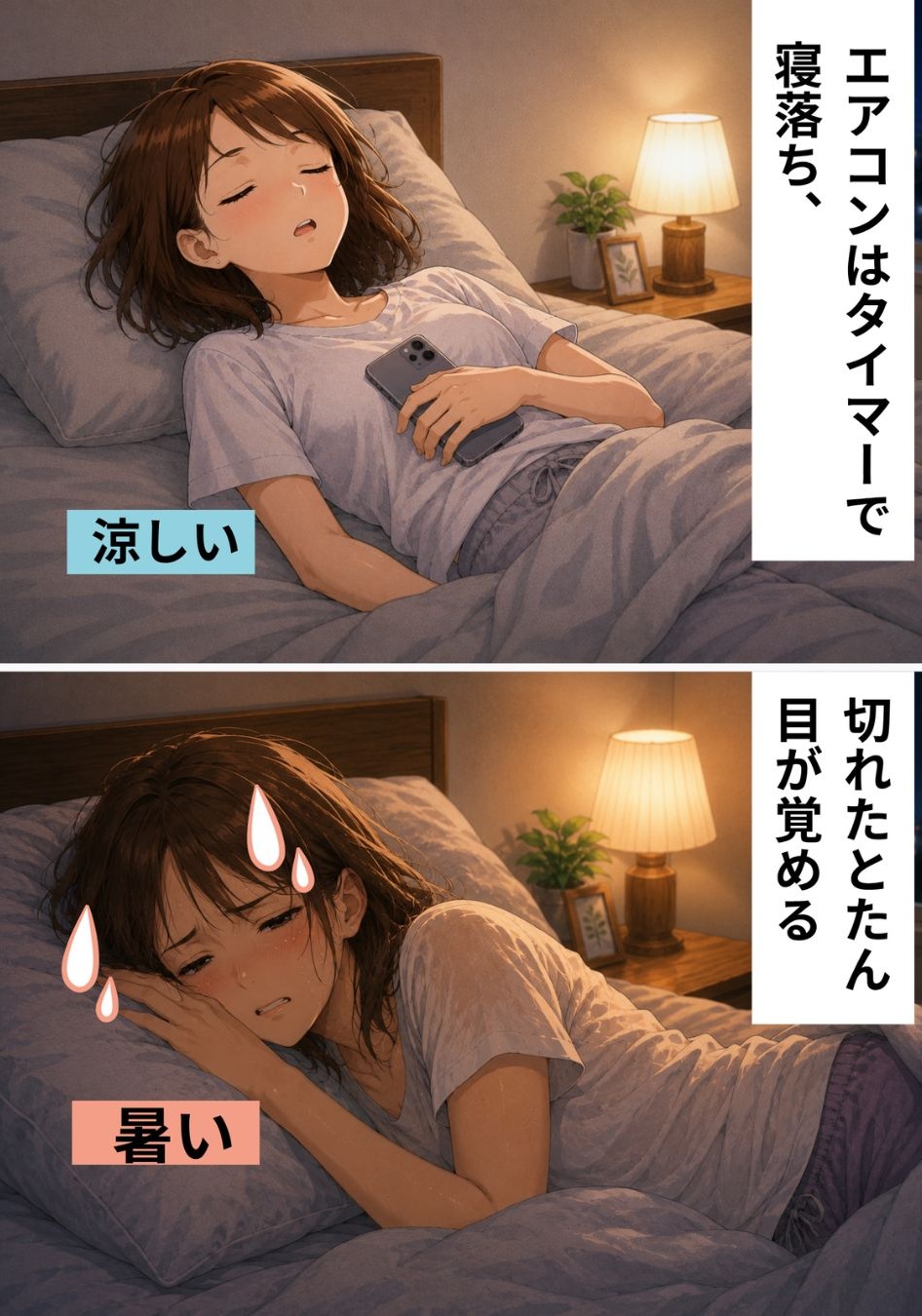 エアコンをつけたまま寝落ちし、暑さで目を覚ます女性