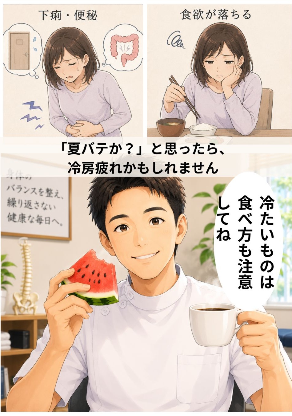 冷房疲れによる肩こり、だるさ、下痢や便秘、食欲低下を紹介するマンガ